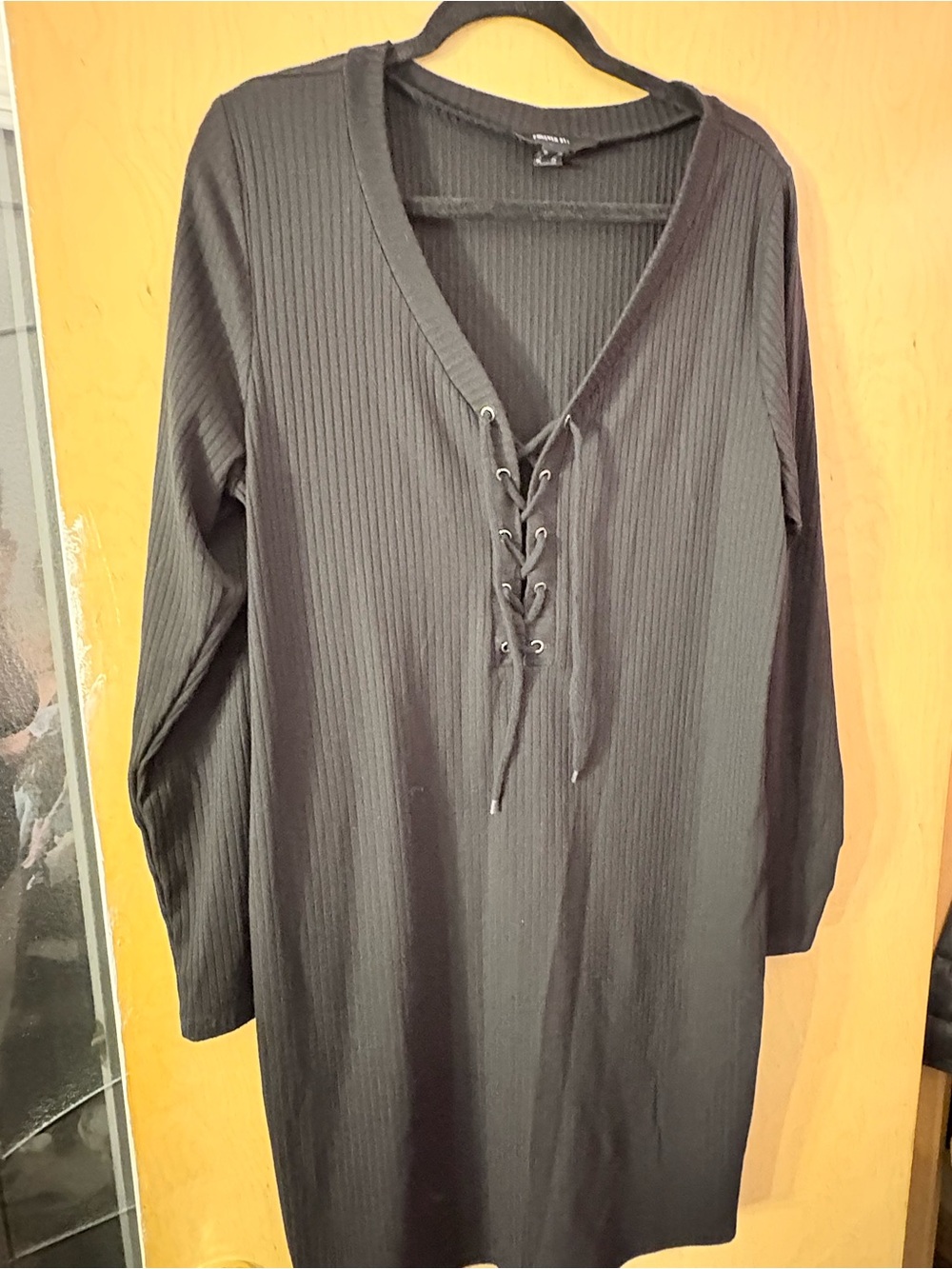 Forever 21 Black Ribbed Lace-Up V-Neck Long Sleeve Dress